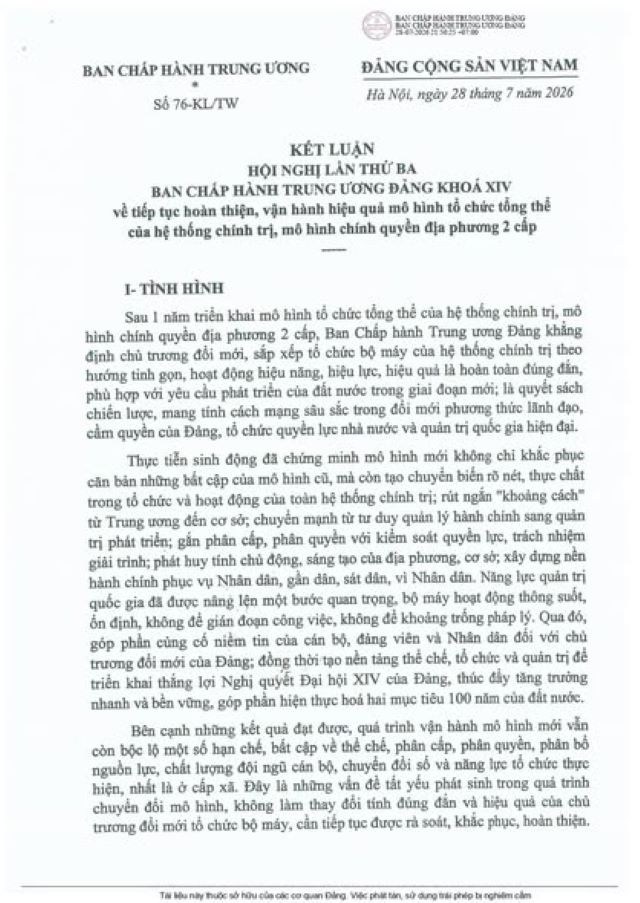 Kết luận số 76-KL/TW Hội nghị Trung ương 3 khóa XIV về tiếp tục hoàn thiện, vận hành hiệu quả mô hình tổ chức tổng thể của hệ thống chính trị, mô hình chính quyền địa phương 2 cấp 