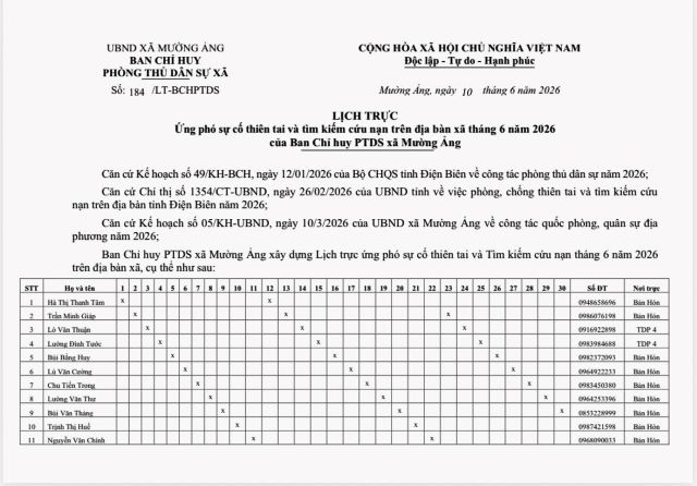 Lịch trực Ứng phó sự cố thiên tai và tìm kiếm cứu nạn trên địa bàn xã Tháng 6 năm 2026