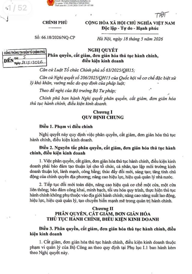 Cắt giảm, đơn giản hóa THHC, điều kiện kinh doanh thuộc phạm vi quản lý của Bộ Công an đối với lĩnh vực phòng cháy, chữa cháy và cứu nạn, cứu hộ theo Nghị quyết số 66.18/2026/NĐ-CP ngày 18/5/2026 của Chính phủ 