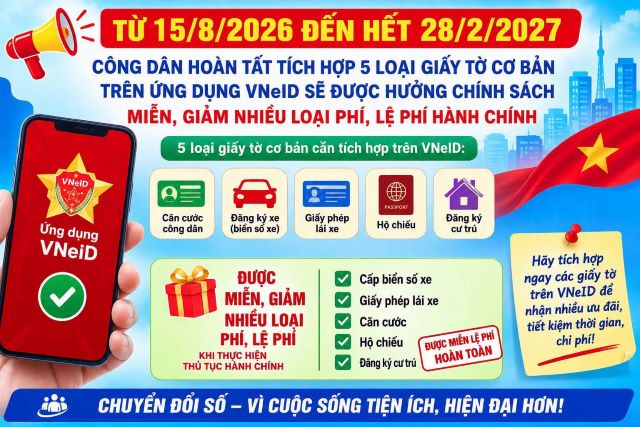 Tích hợp 5 loại giấy tờ trên VNeID được miễn, giảm nhiều loại phí, lệ phí