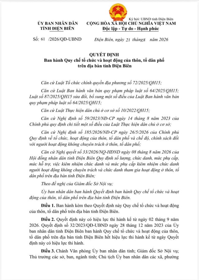 Quy chế tổ chức và hoạt động của thôn, tổ dân phố trên địa bàn tỉnh Điện Biên