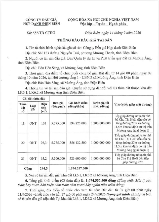 Xã Mường Ảng thông báo đấu giá tài sản