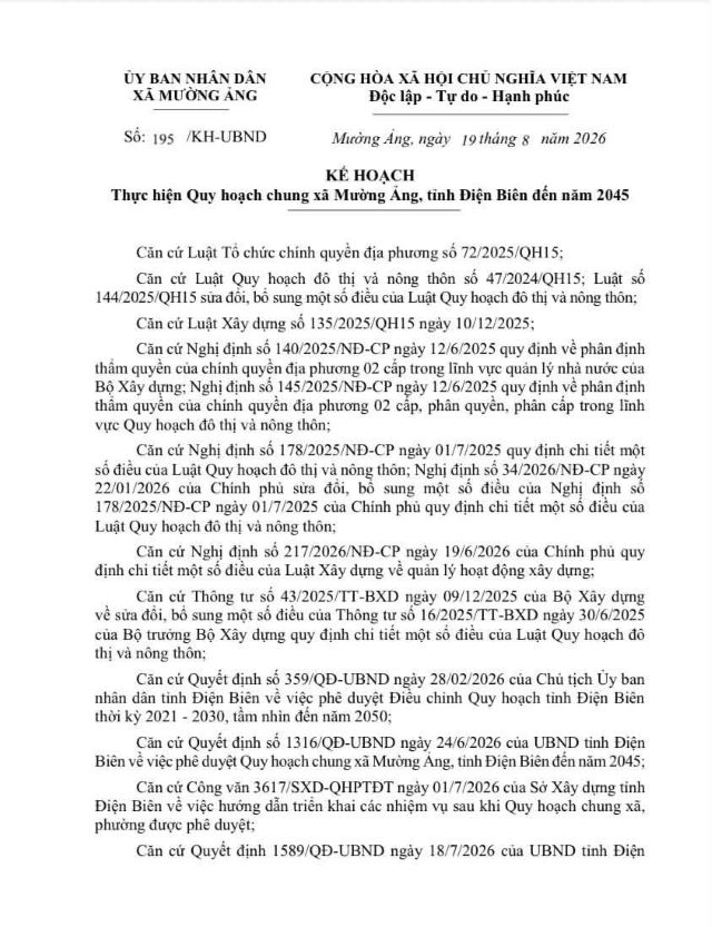 Xã Mường Ảng thông báo kế hoạch: Thực hiện Quy hoạch chung xã Mường Ảng, tỉnh Điện Biên đến năm 2045